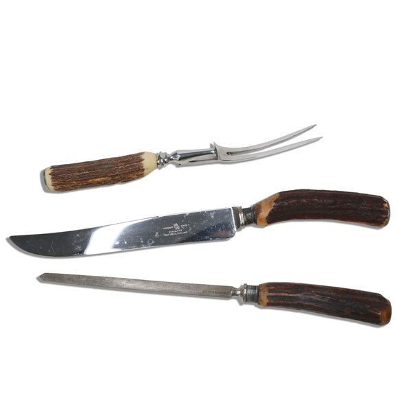 VINTAGE CARVERS SHEFFIELD Staghorn Carving Set  Knife Fork Sharpener Horn Handle - Picture 3 of 12